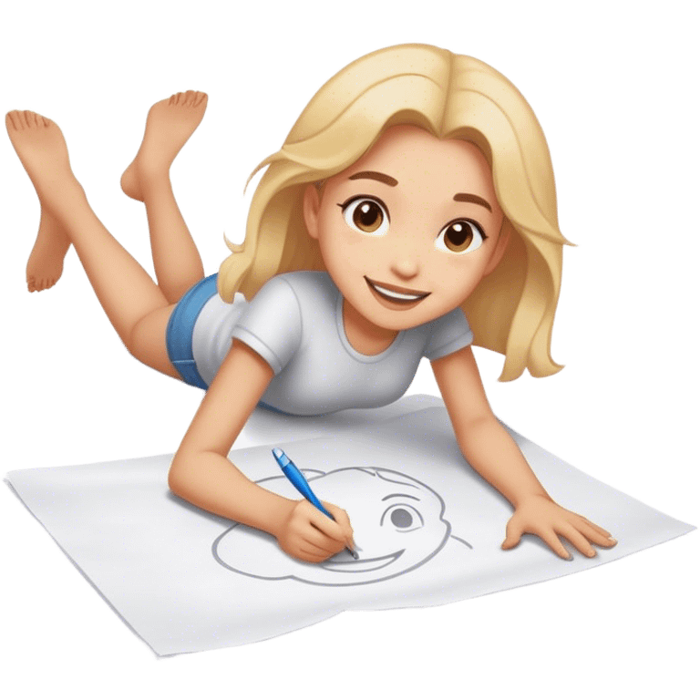 cheerful girl draws on a sheet of paper on the ground emoji