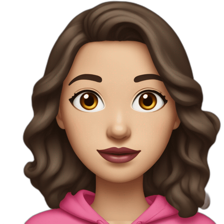 Women with long wavy dark brown hair and long eyelashes blue eyes with pink cheeks and pink lips and thick dark brown eyebrows wearing a hoody emoji