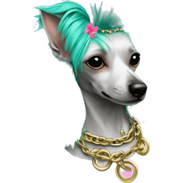 Punk tropical palm leaves flowers Chinese crested dog neon rainbow cyan green pink hair gold chain punk piercings tattoos punk ear piercings emoji