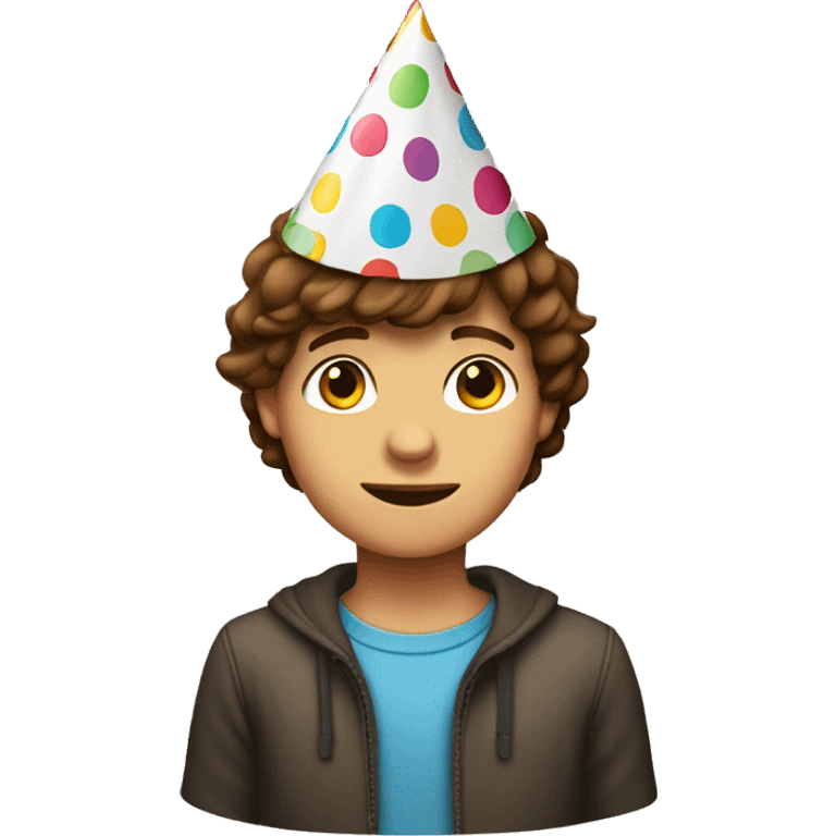 Brown haired boy wearing birthday hat emoji