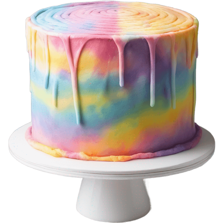 Realistic 5 layered pastel tie dye cake on cake stand with icing tool. emoji