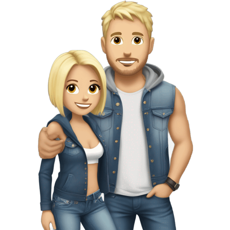 A blonde girl with short hair and a tank top and short jeans holding hands with a handsome tall blonde man with a Jason Alden hoodie on  emoji