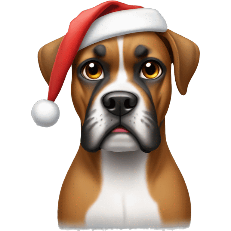 Make a dog that is the breed boxer wearing a Santa hat emoji