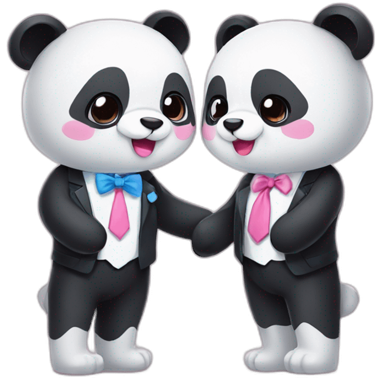 A cute couple panda that panda female has a pink ribbon and panda males has a blue tie emoji