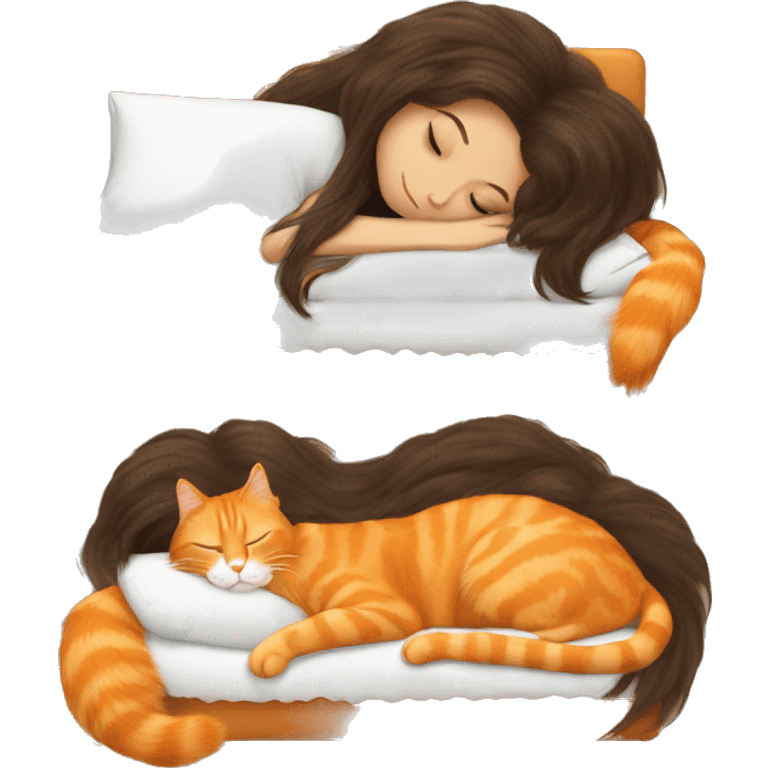 orange cat sleeping with long haired brunette girl emoji