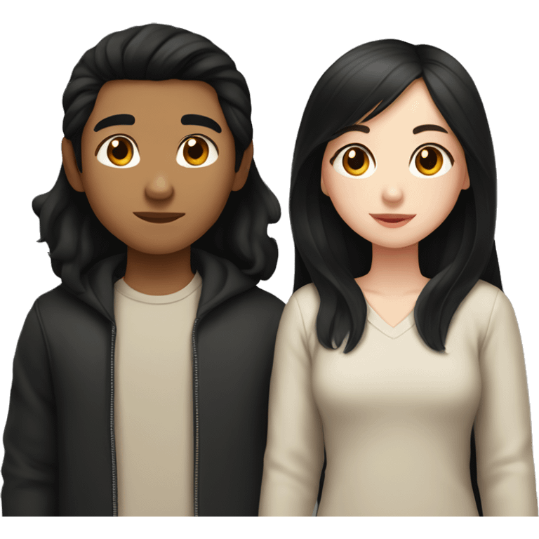 Asian boy with pale skin and dark black hair with Hispanic girl brown skin long black hair in a heart kissing  emoji