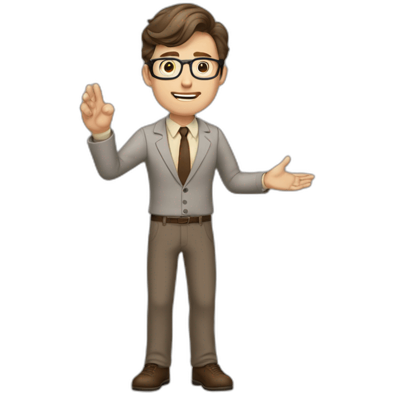 To belt Actively gesturing with hands Okay Pale skinned fit man with dark brown hair in gray jacket, beige office shirt, brown tie, brown pants and vintage glasses. emoji