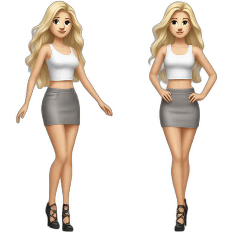 hyperrealist caucasian long blonde hair brown eyes woman white strap low cut tank top gray tight mini skirt black high heeled shoes full body emoji