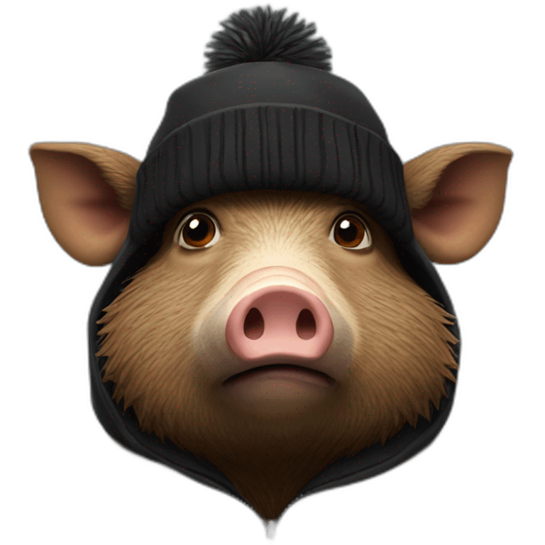 Bored brown boar in a black winter hat and black jacket emoji