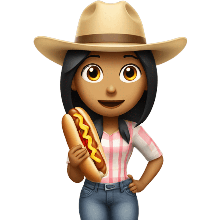 Girl with black hair ancowboy hat eating a hot dog emoji