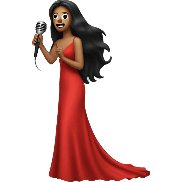 Singer, with long black hair, wearing a long red dress, singing with microphone in her hand emoji