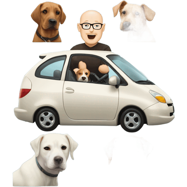 A bald man in his 50s driving a Prius filled with a bunch of dogs sticking their heads out of the windows emoji