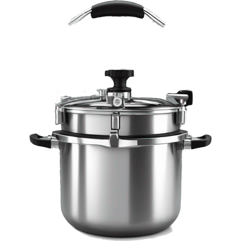 Stainless steel pressure pot, with black gights, lid with 3 clamps on the cover,  on the knob emoji