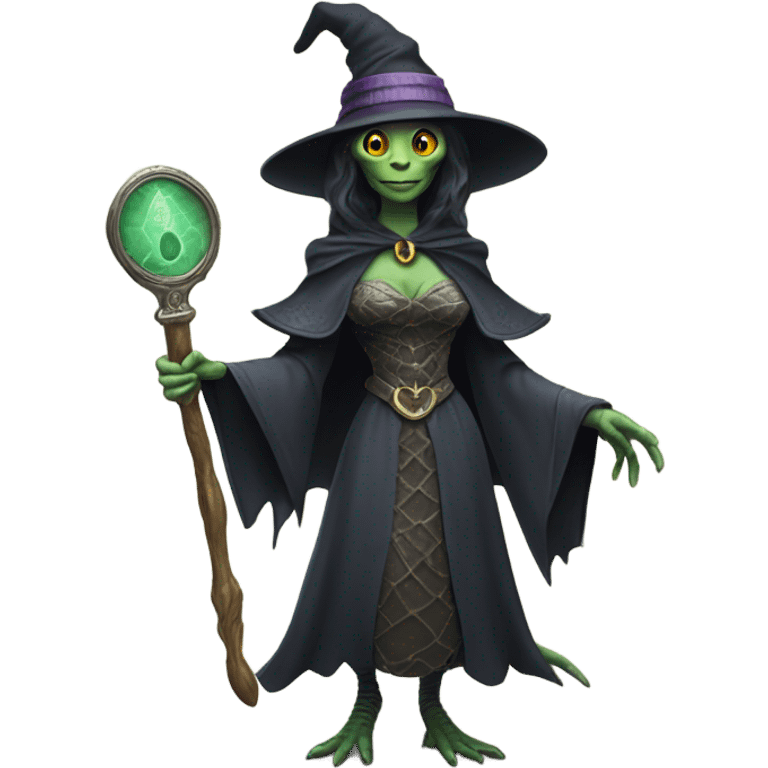 a Reptilian alien woman, as witch, holding a big key, full body emoji