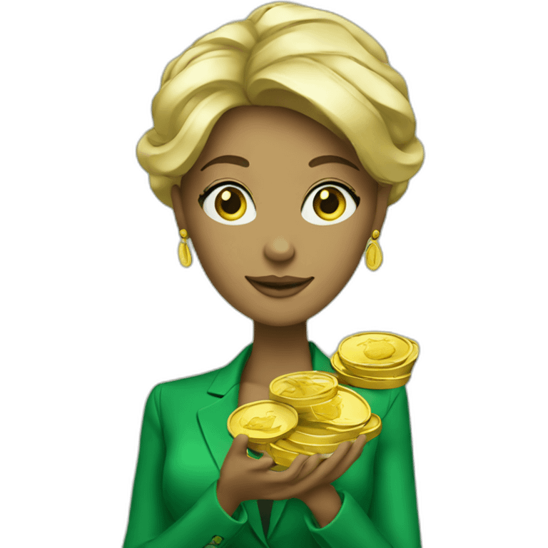 Posh-woman-with-green-suit-holding-golden-coins emoji