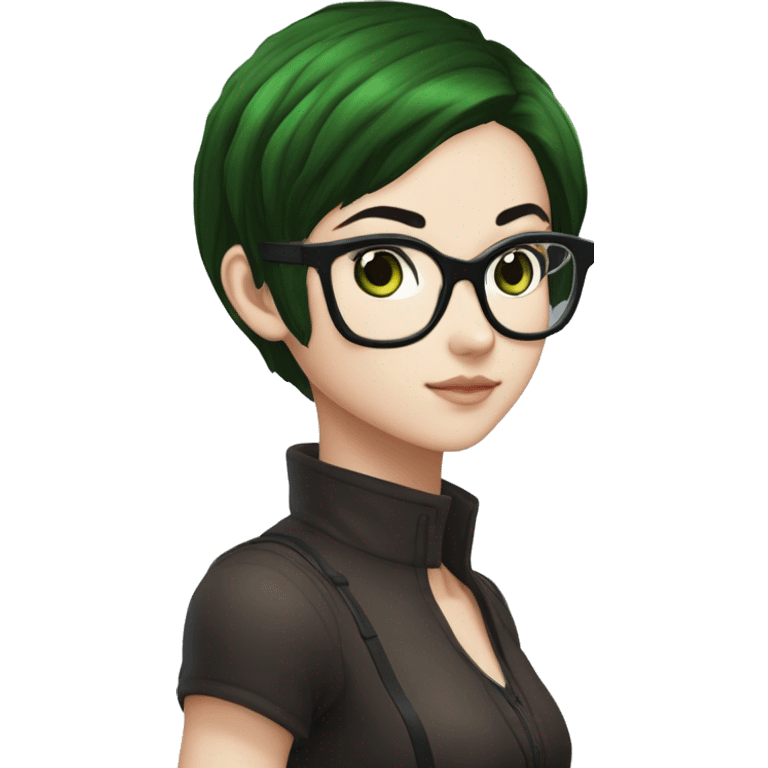 a girl with blue eyes, dark brown hair, black glasses, inspired by jolyne cujoh from Jojo's bizarre adventure. hair colors based on jolyne cujoh with green and dark brown hair. emoji