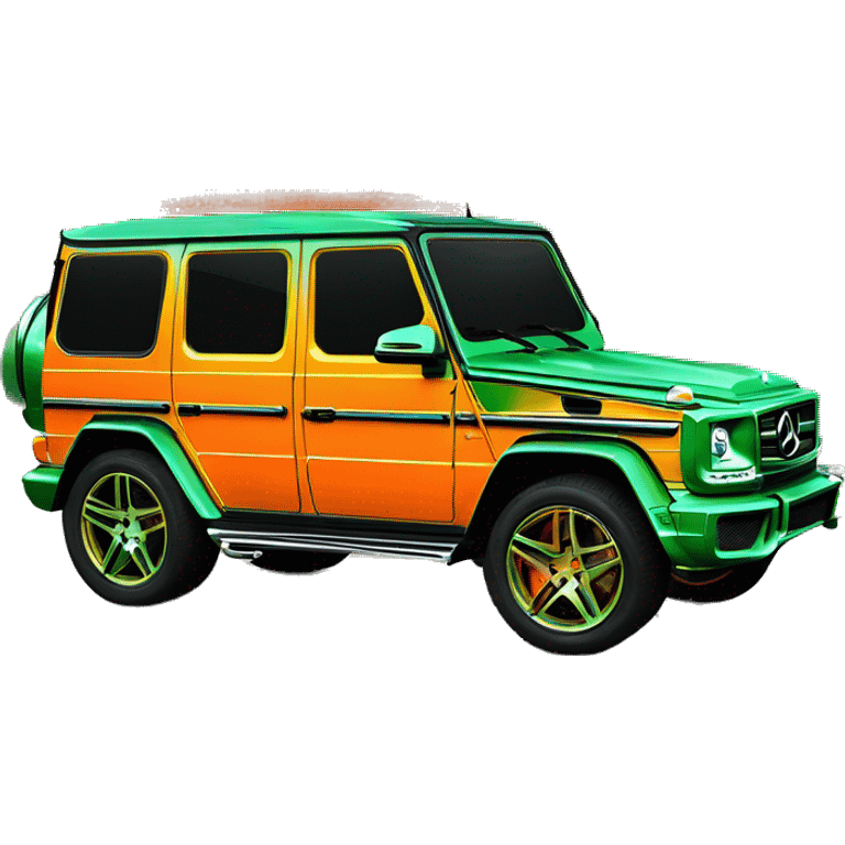 rapper,Young Dolph luxury clothes,blue diamond chain on,near his car, just opened drivers side car door to his all orange and green colored painted army camouflage, Mercedes G Wagon emoji