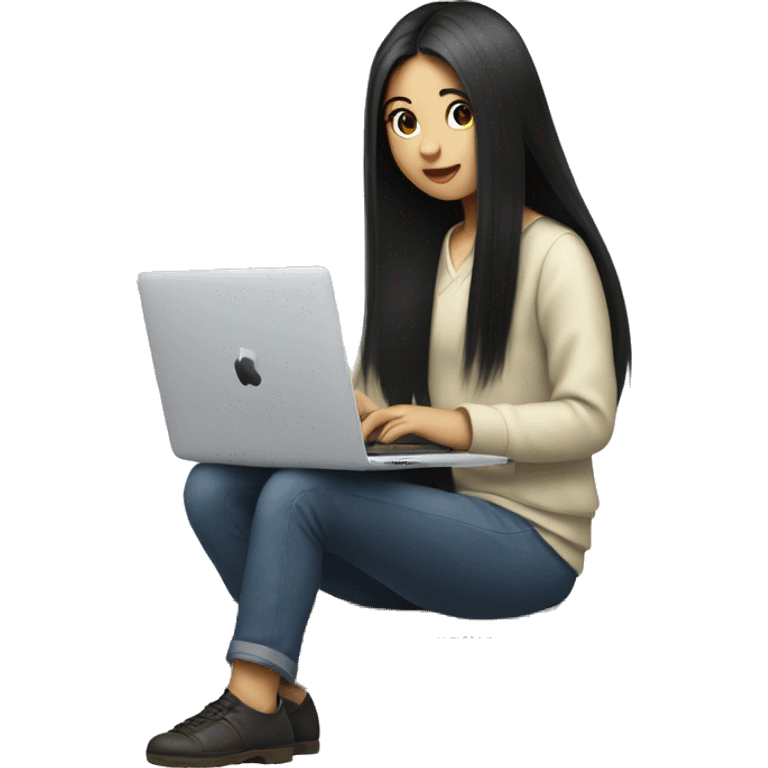 Japanese girl with long black hair sitting with a macbook emoji