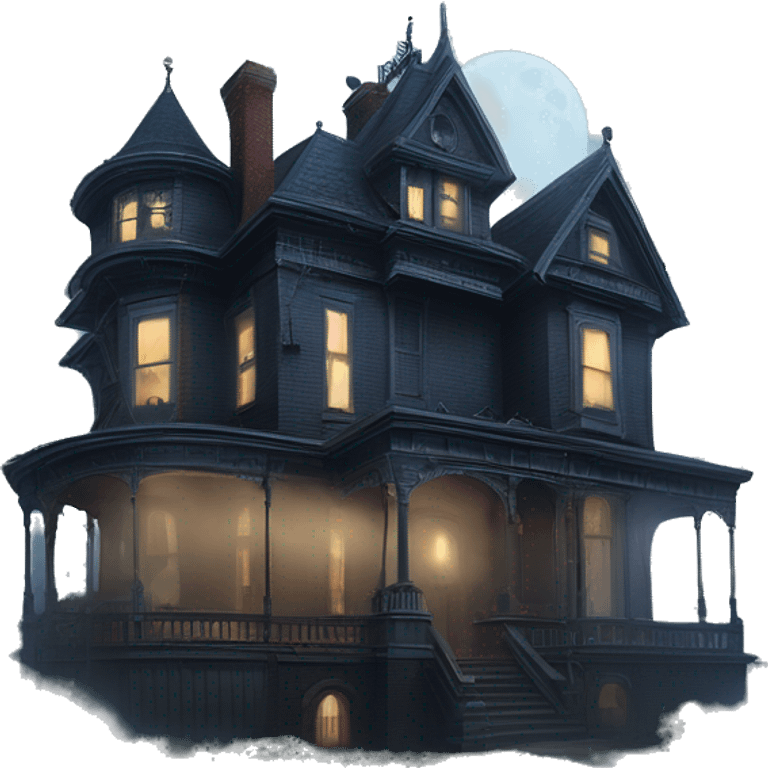 Fantastic Wide full view, A very roomy ramshackle Victorian Addams’s mansion looms through light fog at midnight  emoji