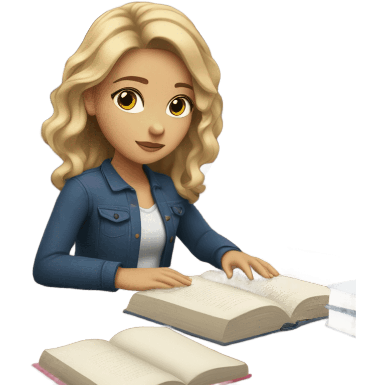 Girl with light skin, blue eyes and dark blonde hair studying  emoji