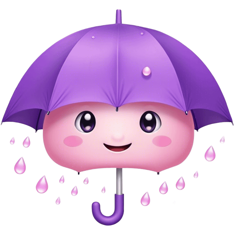 Cute Kawaii Umbrella, small and cute, soft pastel pink and purple, tiny rain droplets smiling down, a chubby round handle, big sparkling eyes full of joy! emoji