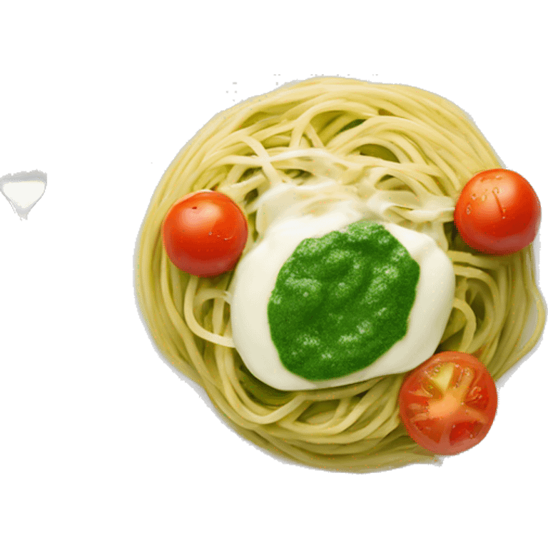 A white plate with spaghetti with green pesto with mozarella and tomato  emoji