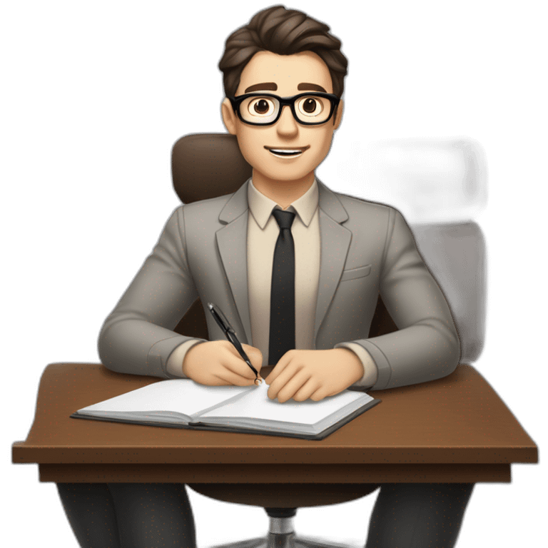 Pale skinned Fit Man With dark brown hair in gray jacket, beige office shirt and vintage glasses sitting In a soft chair with a notebook with emblem Ψ and a pen in his hands emoji