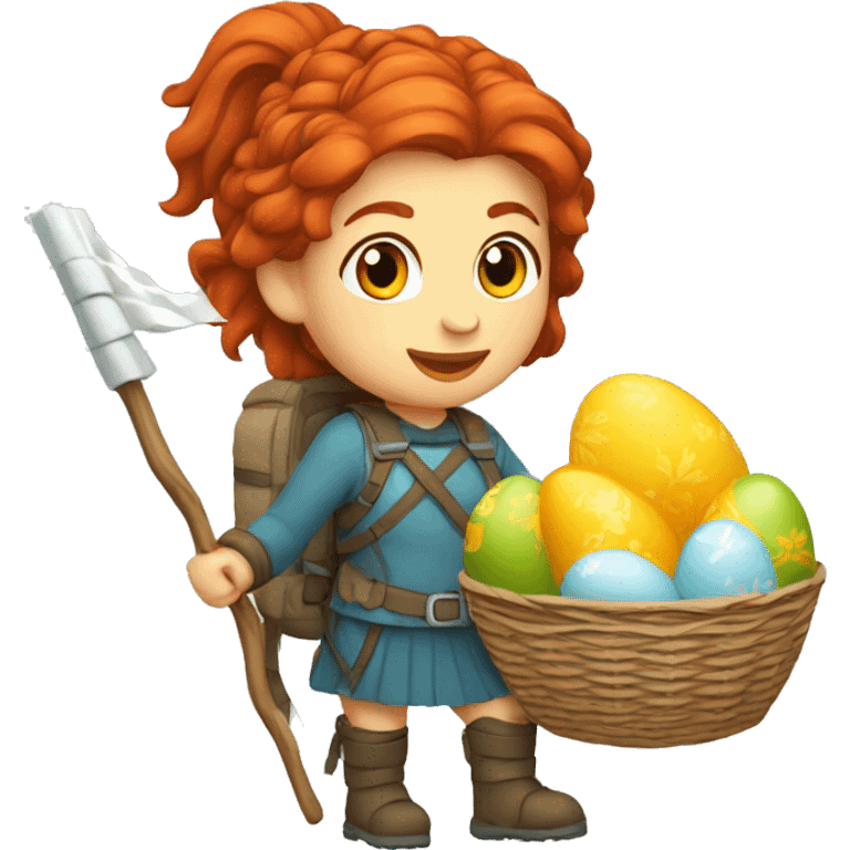 red hair female winter mountaineer with Greek flag and easter basket emoji