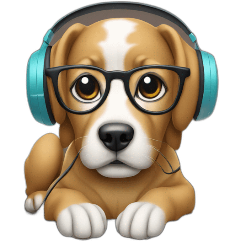 Dog with glasses and headphones and a computer in front of it emoji