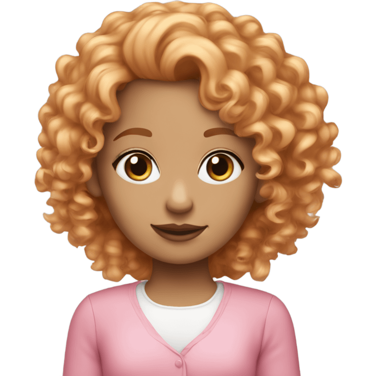 Blue eyed girl with strawberry blonde curly hair dressed in pink emoji