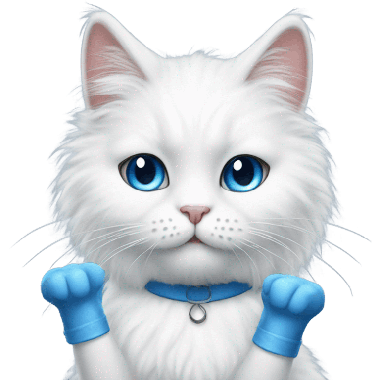 White fluffy cat with blue  that’s a nail tech with long stiletto nails emoji