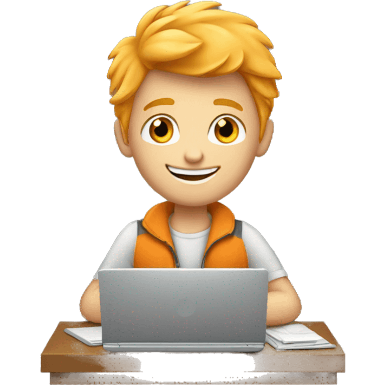 attractive blonde orange haired boy working on laptop in zipper showing thumbs up emoji