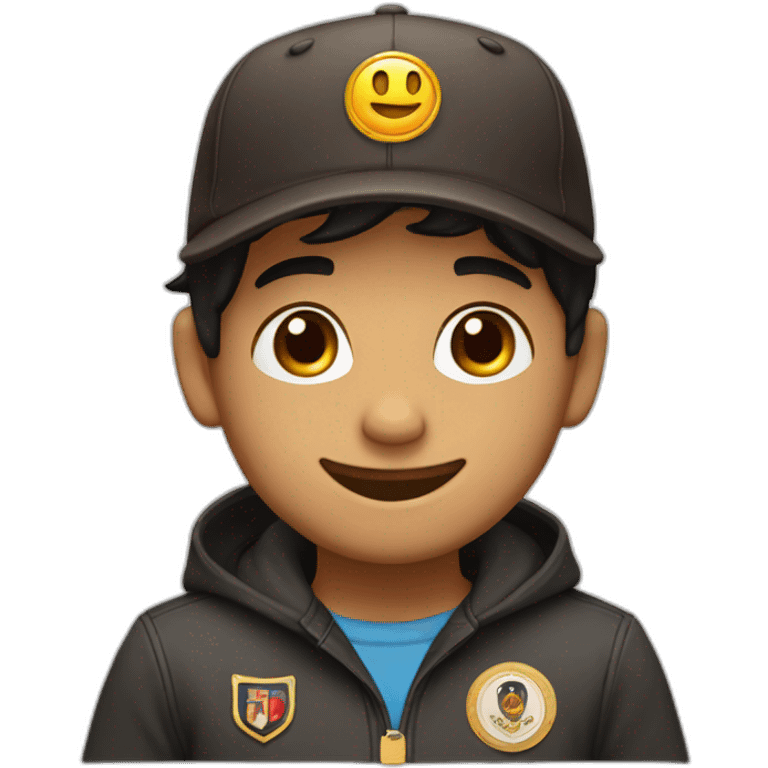 Create a brown boy with black hair winking with dark brown eyes and happy with a black hat and the cap has a logo with a medal emoji