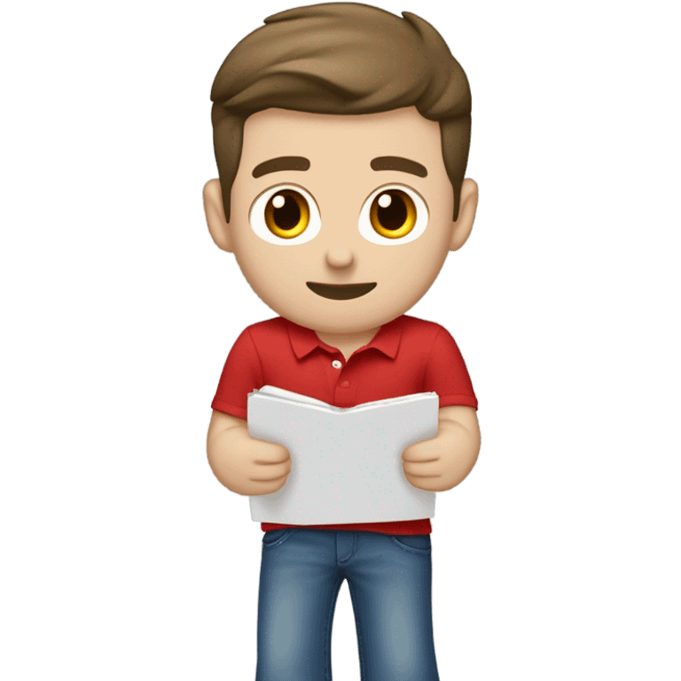 attractive young brunette man wearing red polo overtop a white shirt and really baggy jeans looking at records, pale skinned emoji