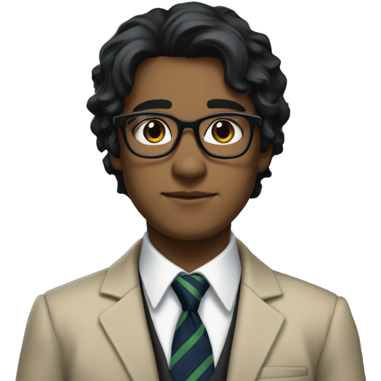 Hair: Messy, medium-length black hair slightly covering the ears and forehead.  Outfit: A formal school uniform featuring a white shirt with an open collar, a green striped tie, a navy sweater underneath, and a beige blazer on top. Black glasses emoji