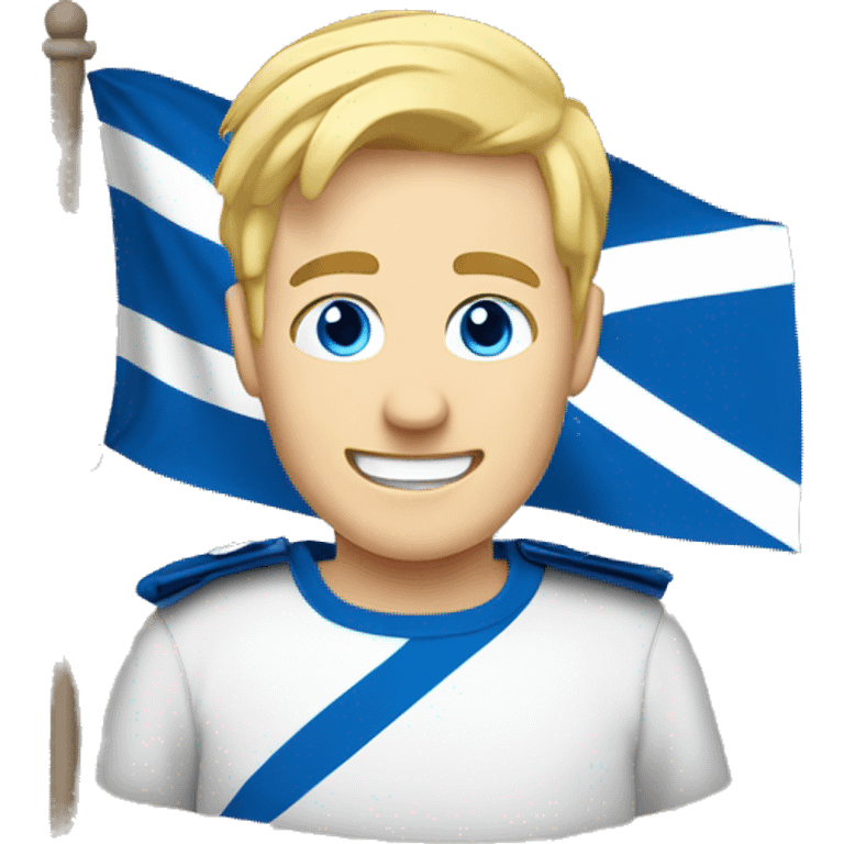 Male with blonde hair and blue eyes waving hand smiling with a Scotland flag 🏴󠁧󠁢󠁳󠁣󠁴󠁿  emoji