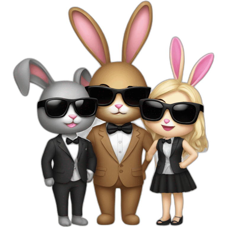 A bunny in sunglasses and a bowtie suit who hugs two model girls emoji