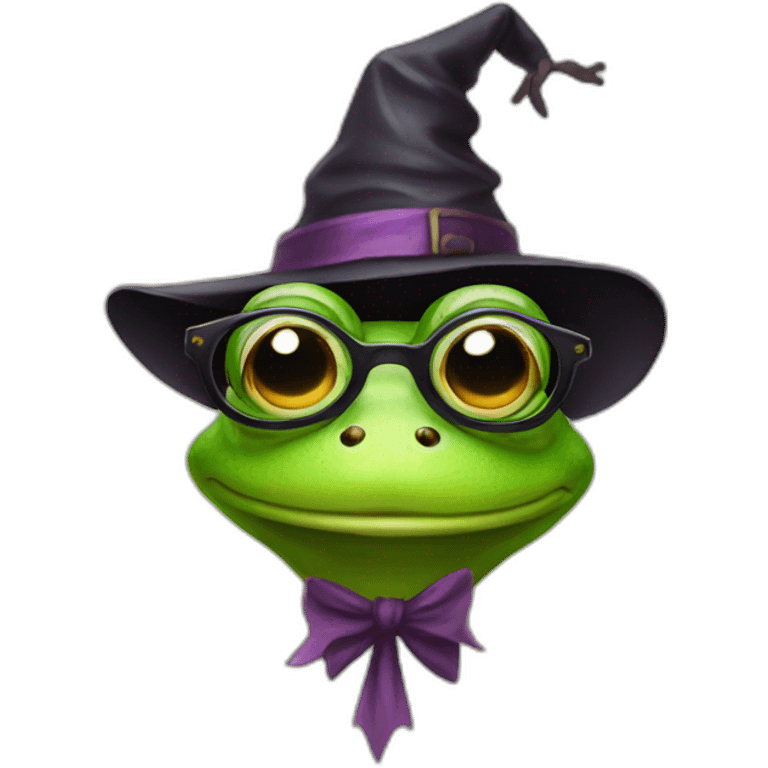 a frog portrait wearing glasses and witch hat emoji