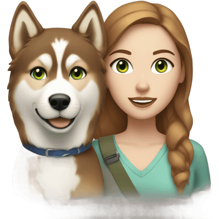 White Woman hair brown and bleus eyes and golden Husky With green eyes emoji