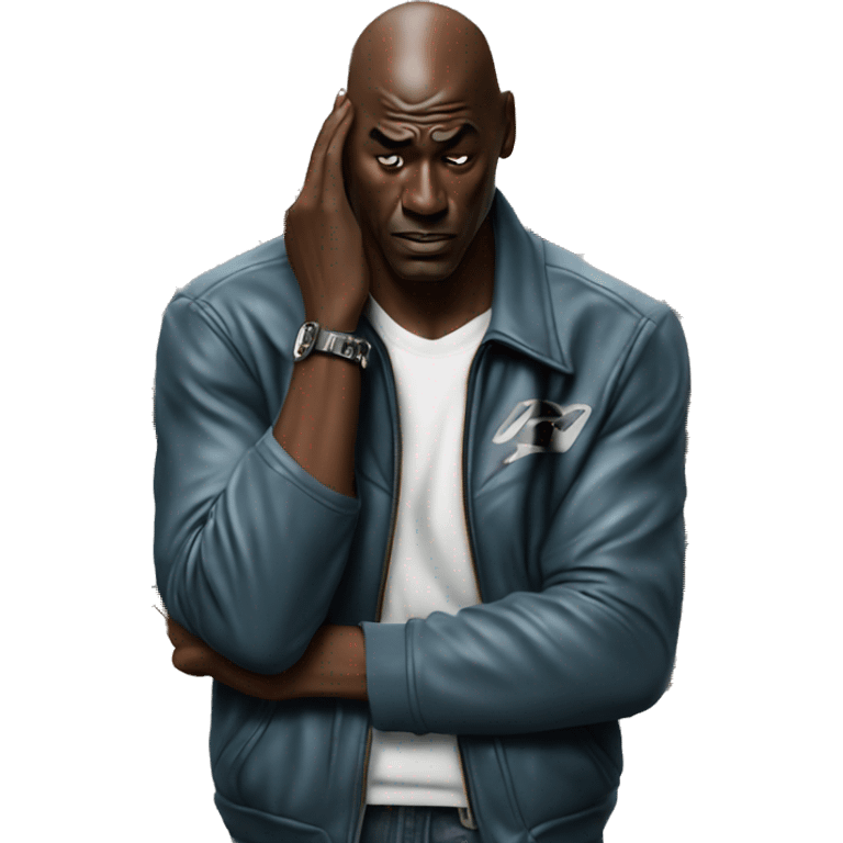 Michael Jordan in a jacket holds his head and is sad photorealistic serious emoji