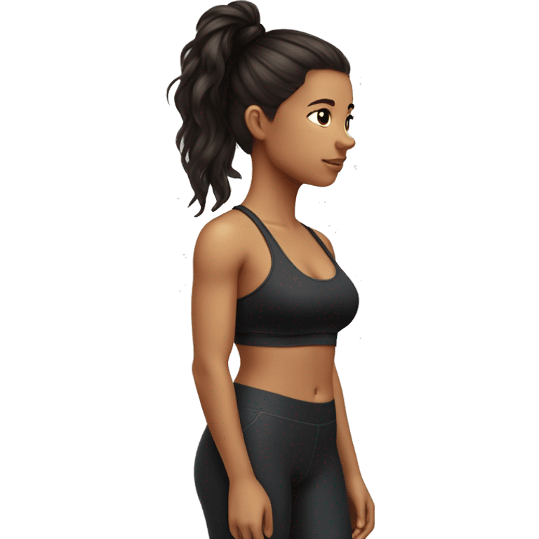 Side view of a brunette girl standing on a bathroom scale, looking down, wearing black leggings and a sports bra, her hair is down emoji