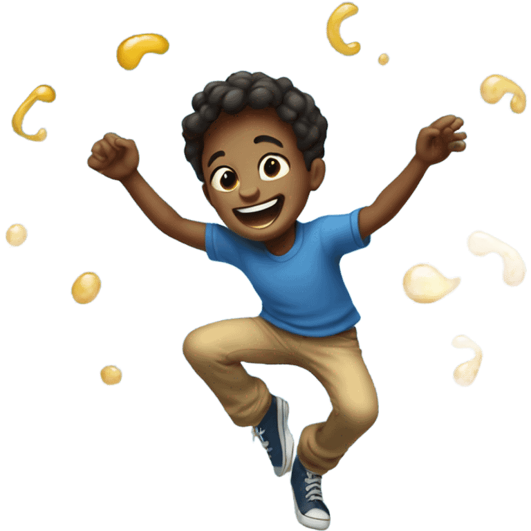 smiling boy in blue shirt dancing in oil emoji