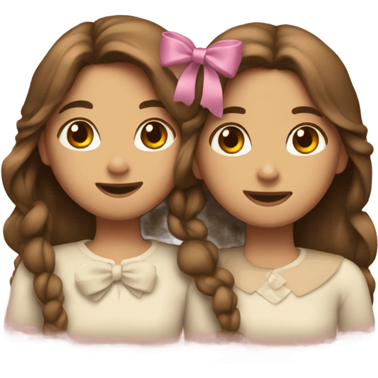 two girls hugging with bows if their hair, brown hair  emoji