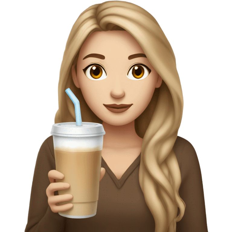 Beautiful white woman, long light brown hair, brown eyes, cozy holding an iced coffee emoji