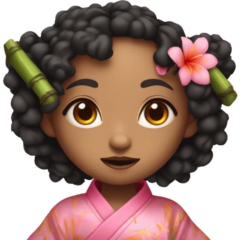 a demon girl with curly black orange and pink eyes with a pink kimono and a bamboo  emoji