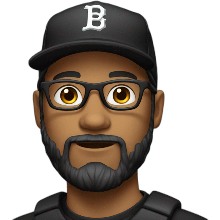 white man with glasses and black beard with a baseball hat backwards and a black t shirt emoji