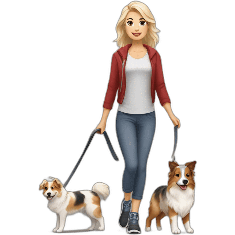 woman with middellanght blond hair and red merle Australien Shepherd going for a Walk emoji