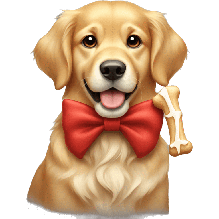 A Christmas-themed golden retriever holding a bone with a bow emoji