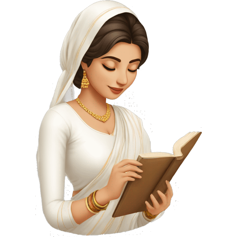 A modern women wearing  simple full white kurti  badhni dupatta and book in hand emoji