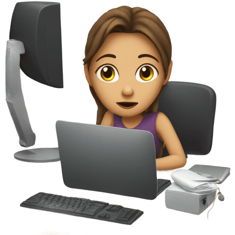 Bored girl with a computer brown hair emoji